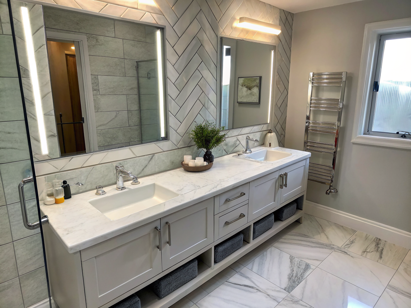 Floating double wood vanity with marble countertops and soft wall lighting