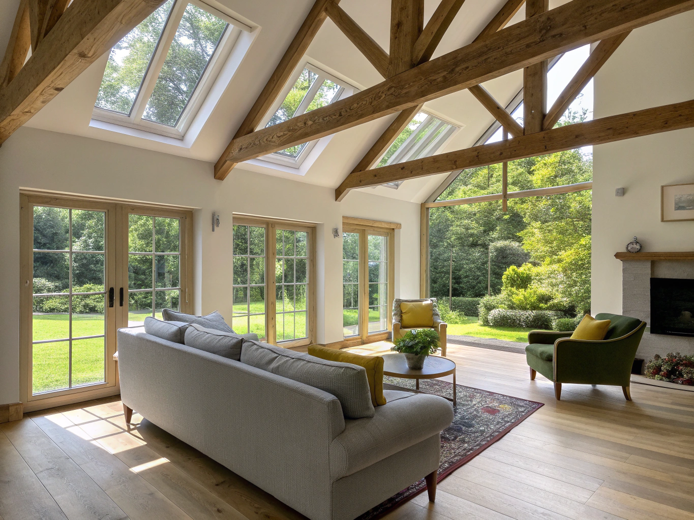 Vaulted great room addition with exposed timber beams and stone fireplace in natural sunlight