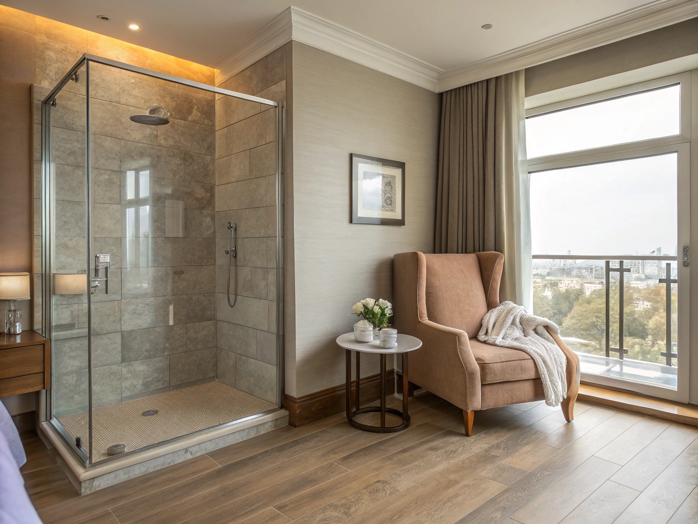 Spacious private guest suite interior with custom cabinetry and warm hardwood flooring