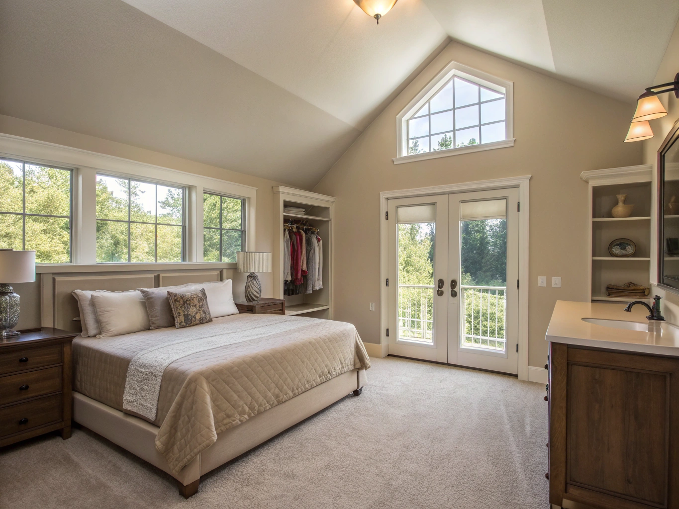Primary bedroom suite wing with abundant morning light and architectural casement windows