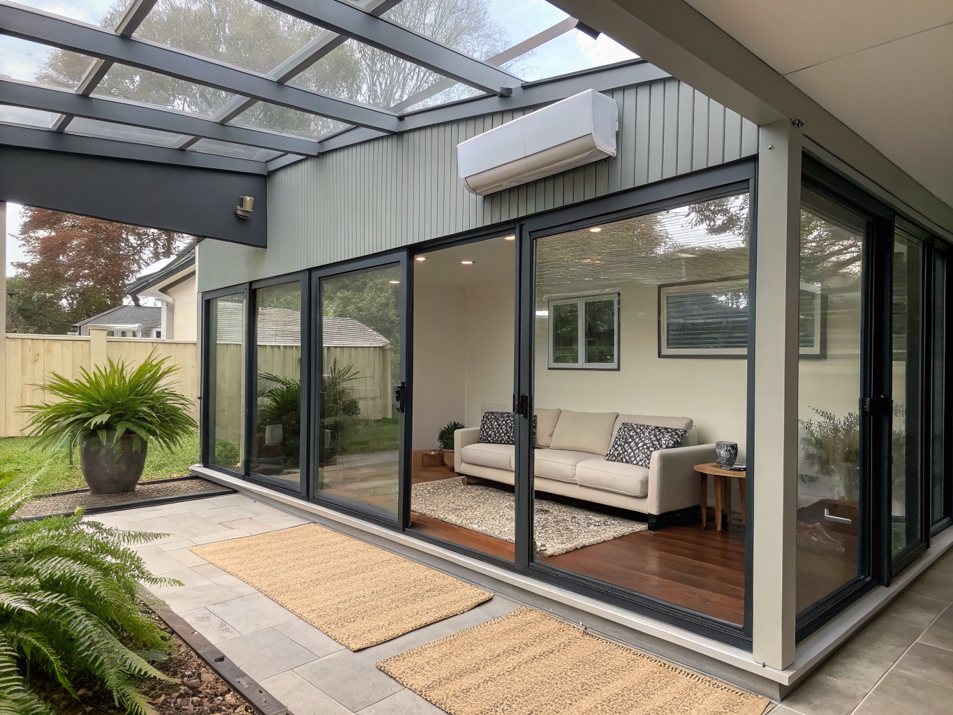 Sunlit interior sunroom addition with vaulted tongue-and-groove ceiling and perimeter glass walls