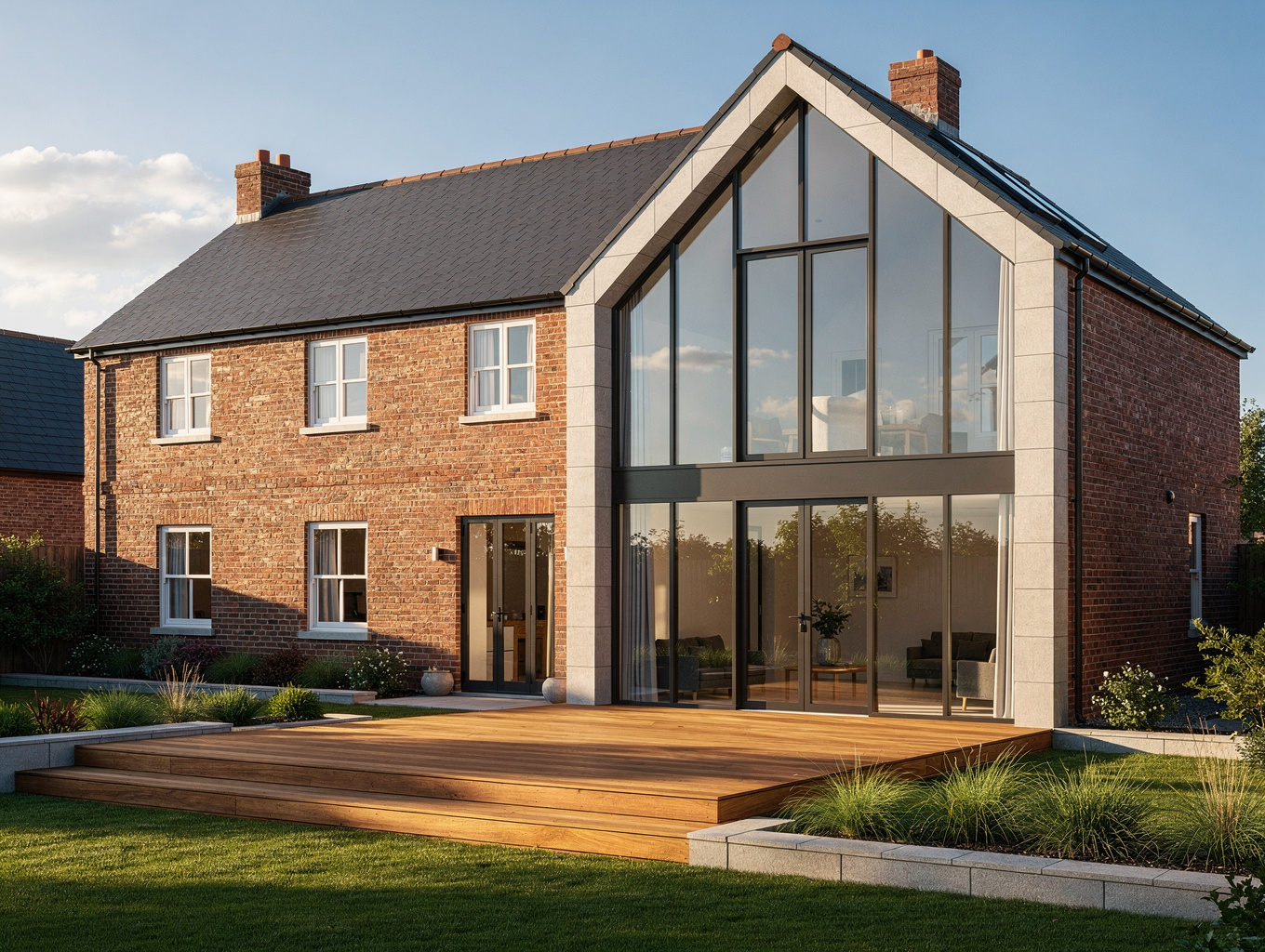Exterior view of two-story home addition with harmonious rooflines and matching stone masonry