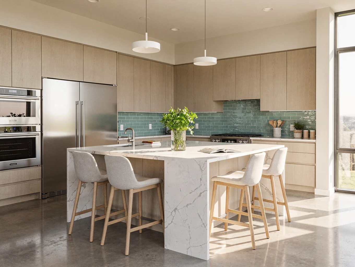 Open concept kitchen with a long quartzite conversation island in Amberfield