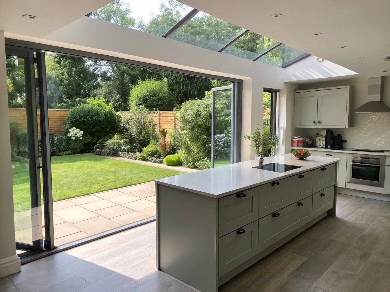Indoor outdoor kitchen layout with pass-through windows and natural wood elements