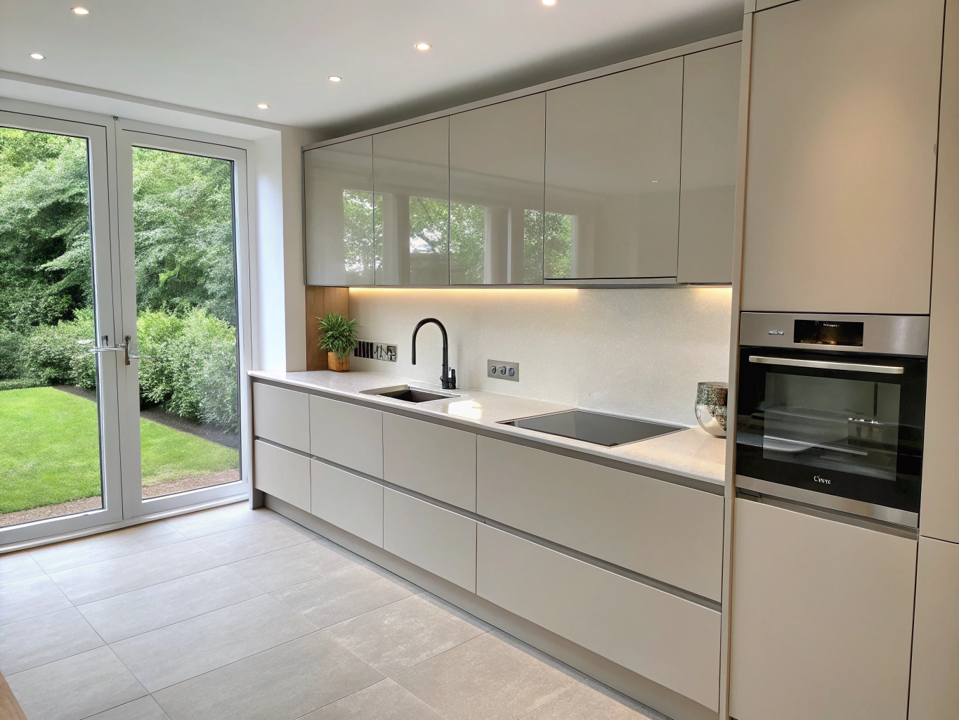 Minimalist contemporary kitchen with slab doors and glazed tile backsplash