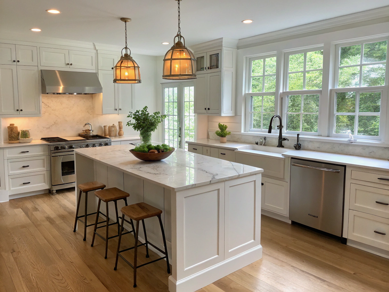 Spacious modern kitchen with white oak cabinets and quartz waterfall island in Riverfield