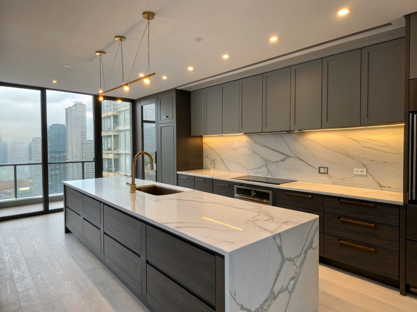 Traditional custom kitchen remodel with honed marble and fluted cabinetry details