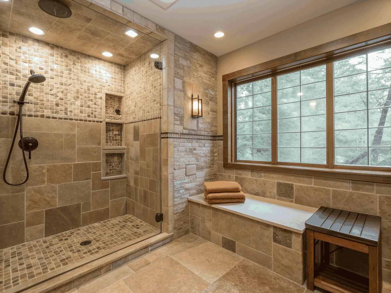 Handcrafted zellige tile walk-in shower with brass wall fittings