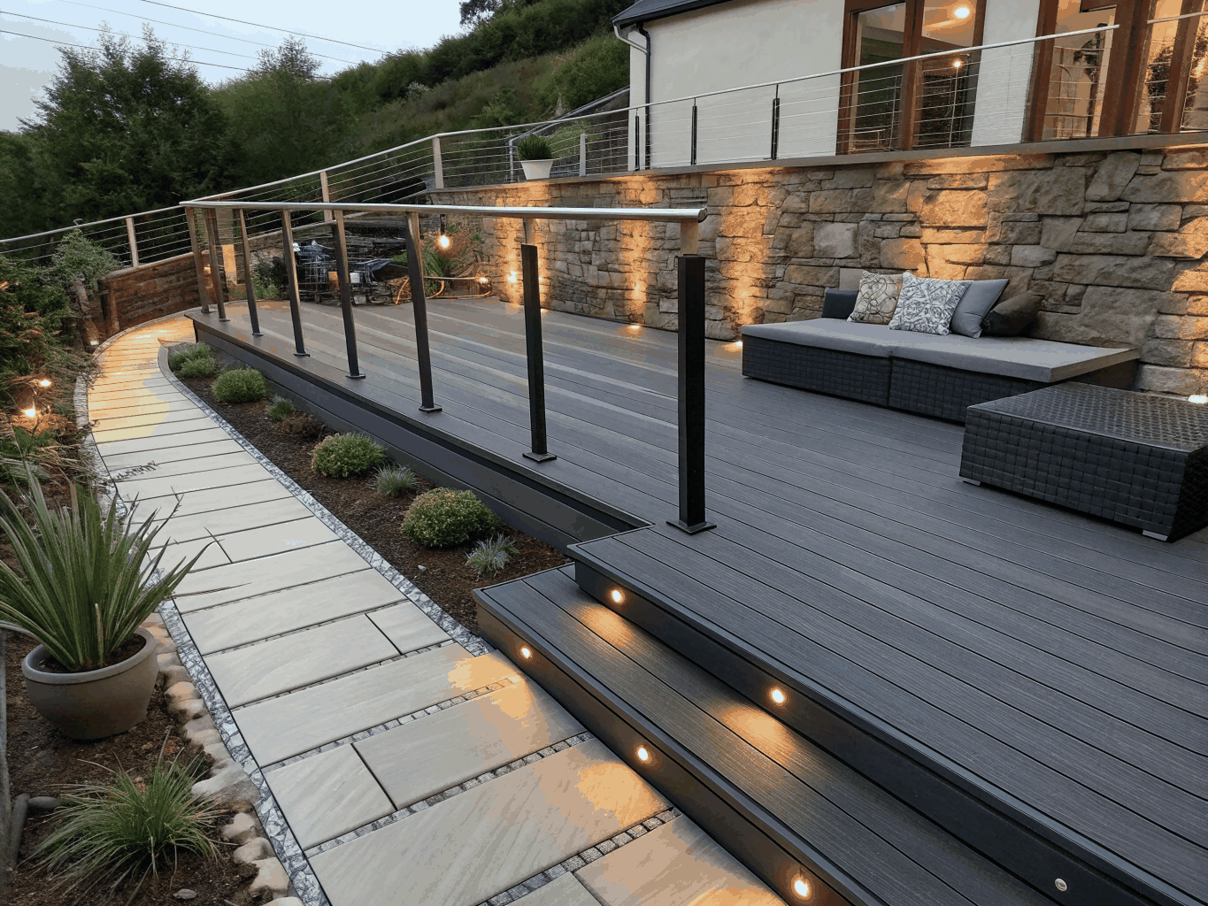 Custom multi-tiered composite deck with architectural railings