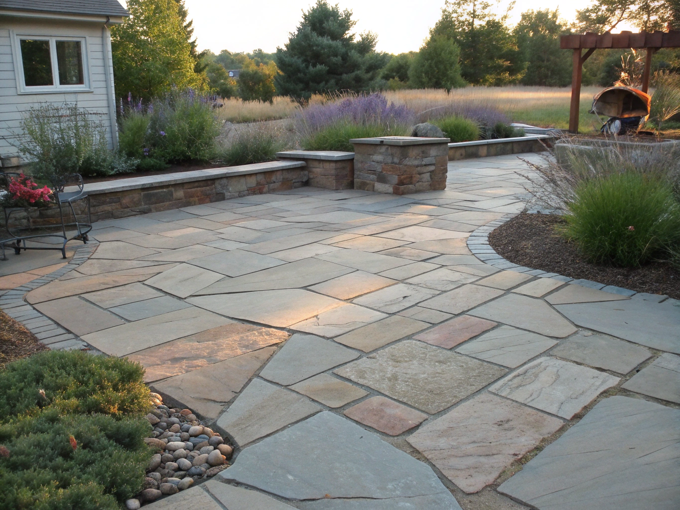 Natural flagstone patio with custom stone fire pit surround