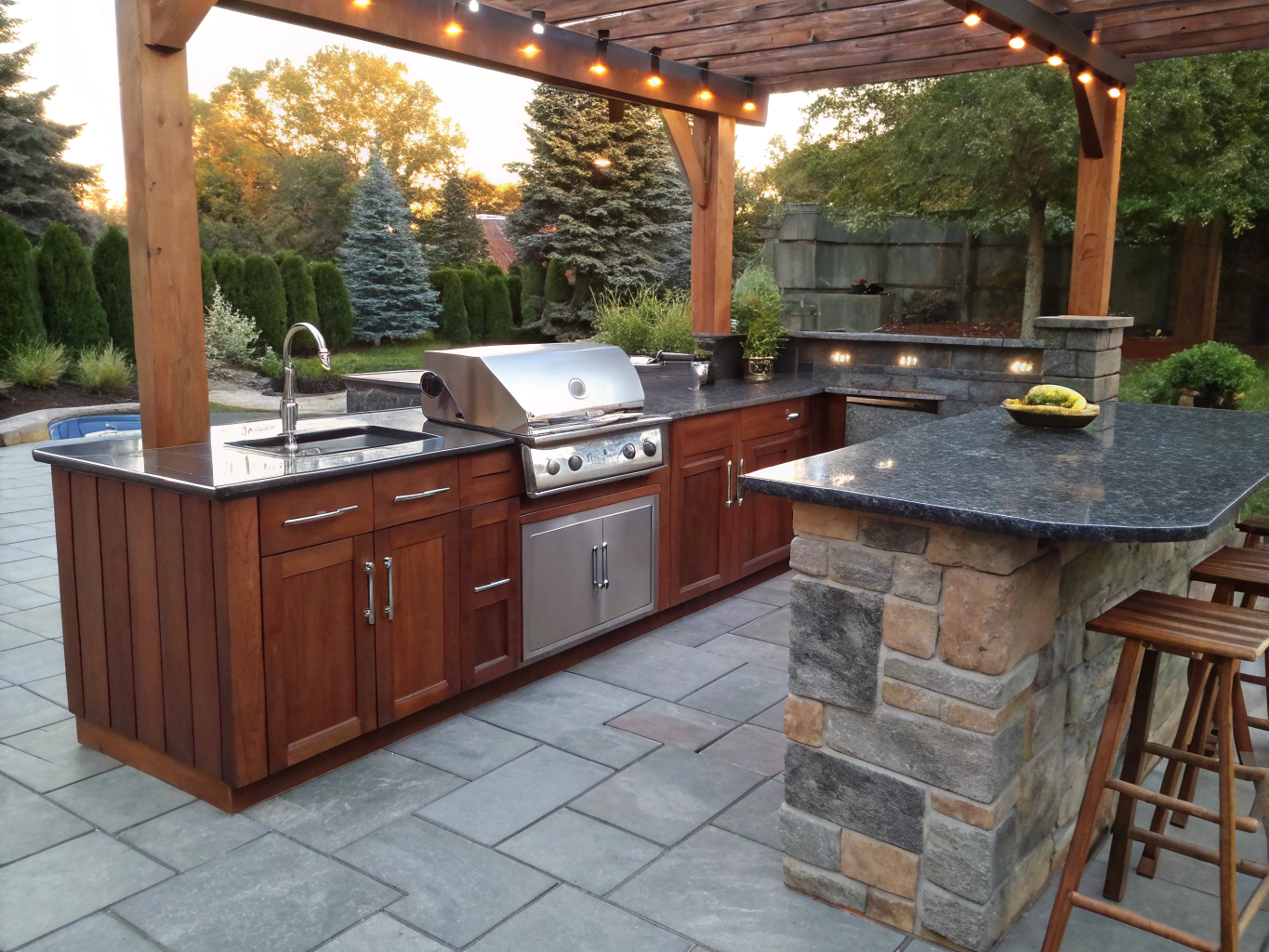 Outdoor culinary kitchen with stainless steel grill and granite counters