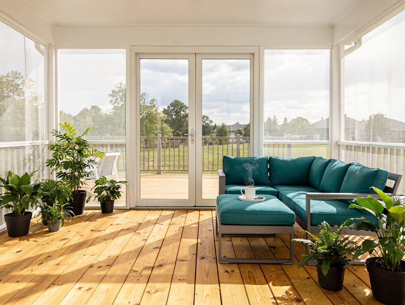 Spacious screened porch with vaulted ceiling and outdoor fireplace