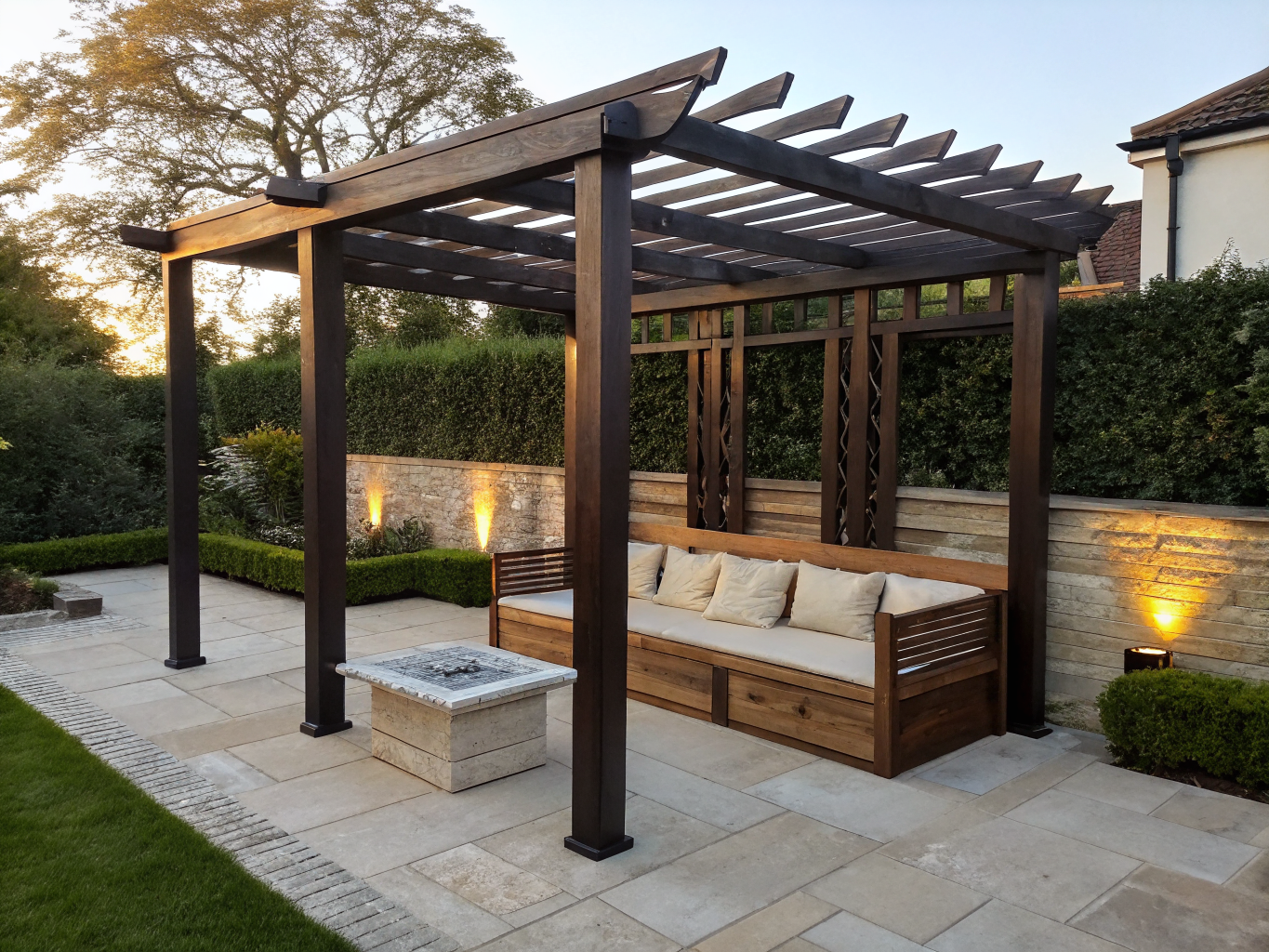 Custom timber pergola over an outdoor dining table setup