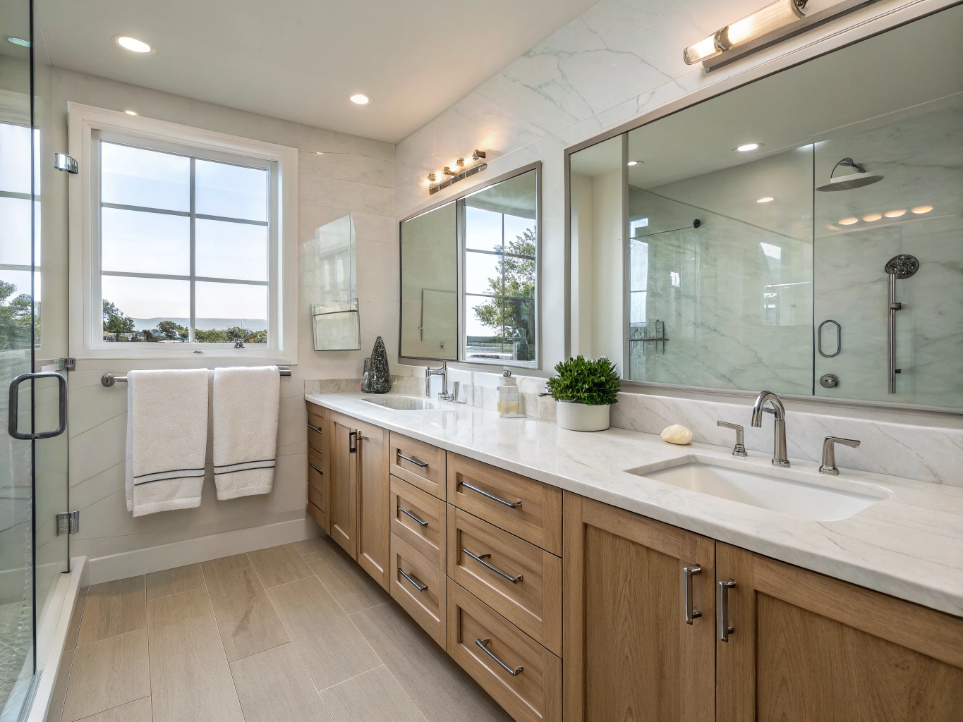 Primary en-suite renovation with reeded oak vanity and brass fixtures in Peachtree Corners