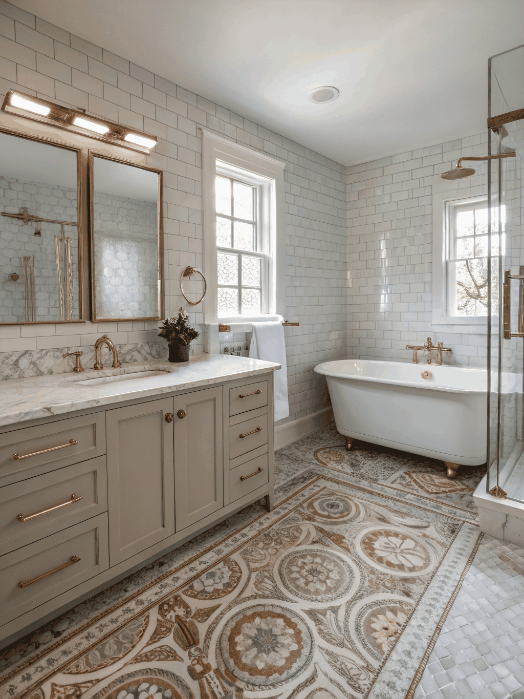 Sunlit luxury bathroom remodel in Peachtree Corners featuring custom double vanity and freestanding soaking tub