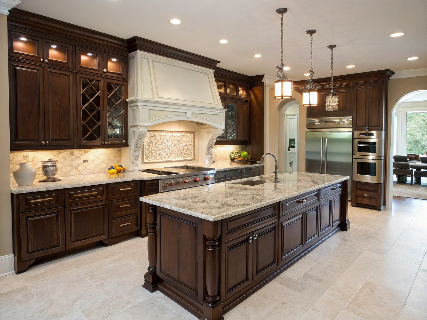 Luxury custom kitchen with expansive quartz island and artisan cabinetry