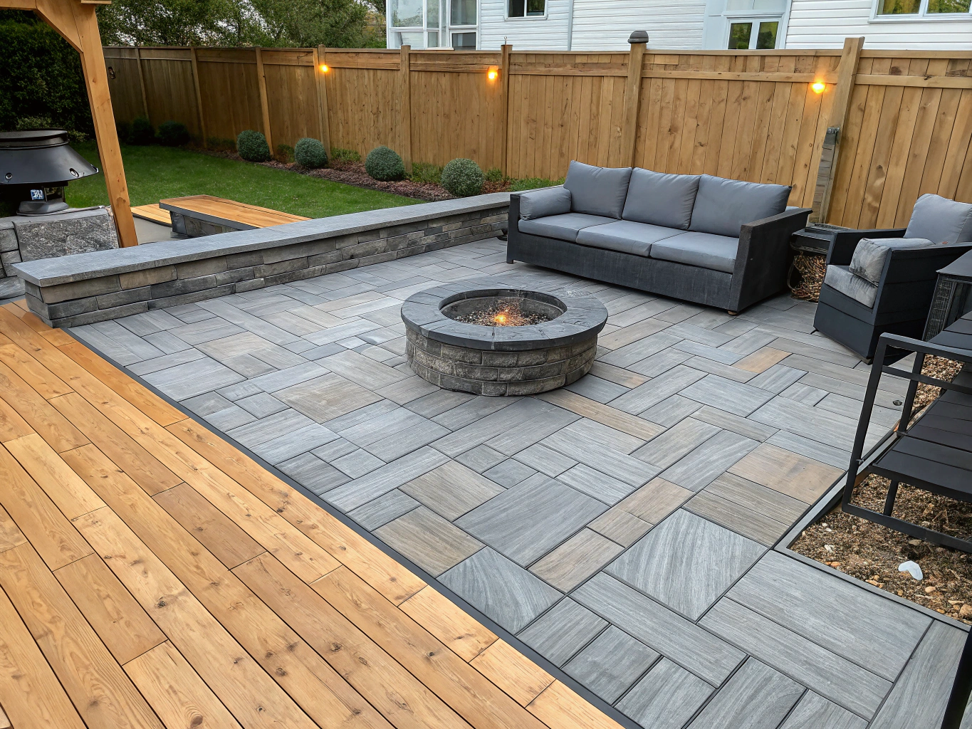 Covered outdoor living veranda with wood-burning stone fireplace and seating