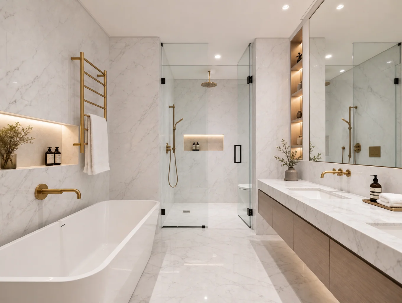 Renovated primary bathroom featuring a curbless glass shower and soaker tub