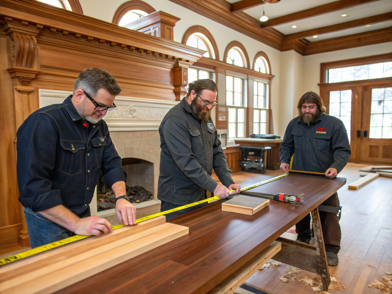 Peachtree Crest craftsmen examining architectural blueprints in a sunlit Georgia workshop